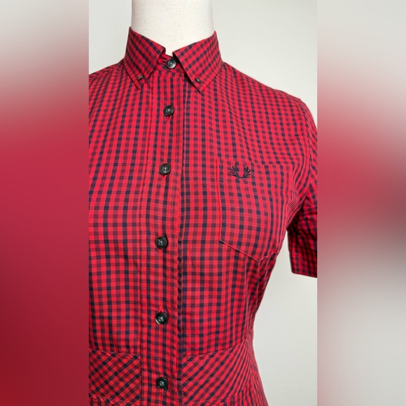 Fred Perry Red Gingham Plaid Short Sleeve Collar Mini Reissue Shirt Dress UK 8 - Picture 3 of 14